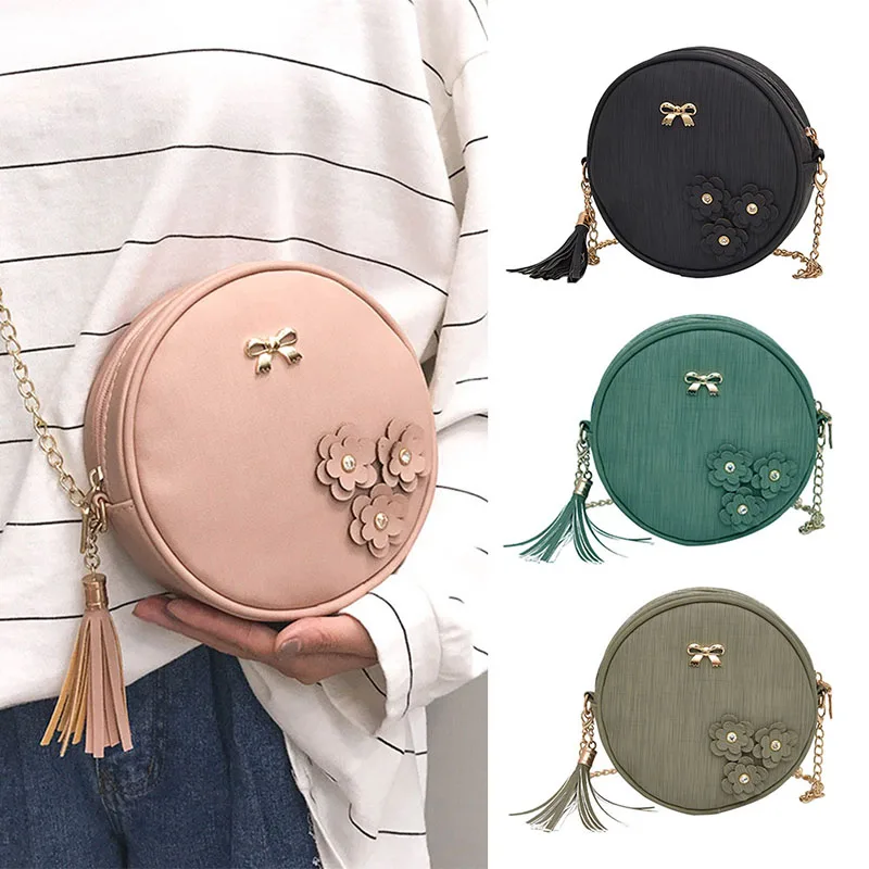 

New 2019 Small Chain Tassel Women Crossbody Messenger Bags Ladies Round Bag Women Leather Coin Purse Shoulder Bag Female Package