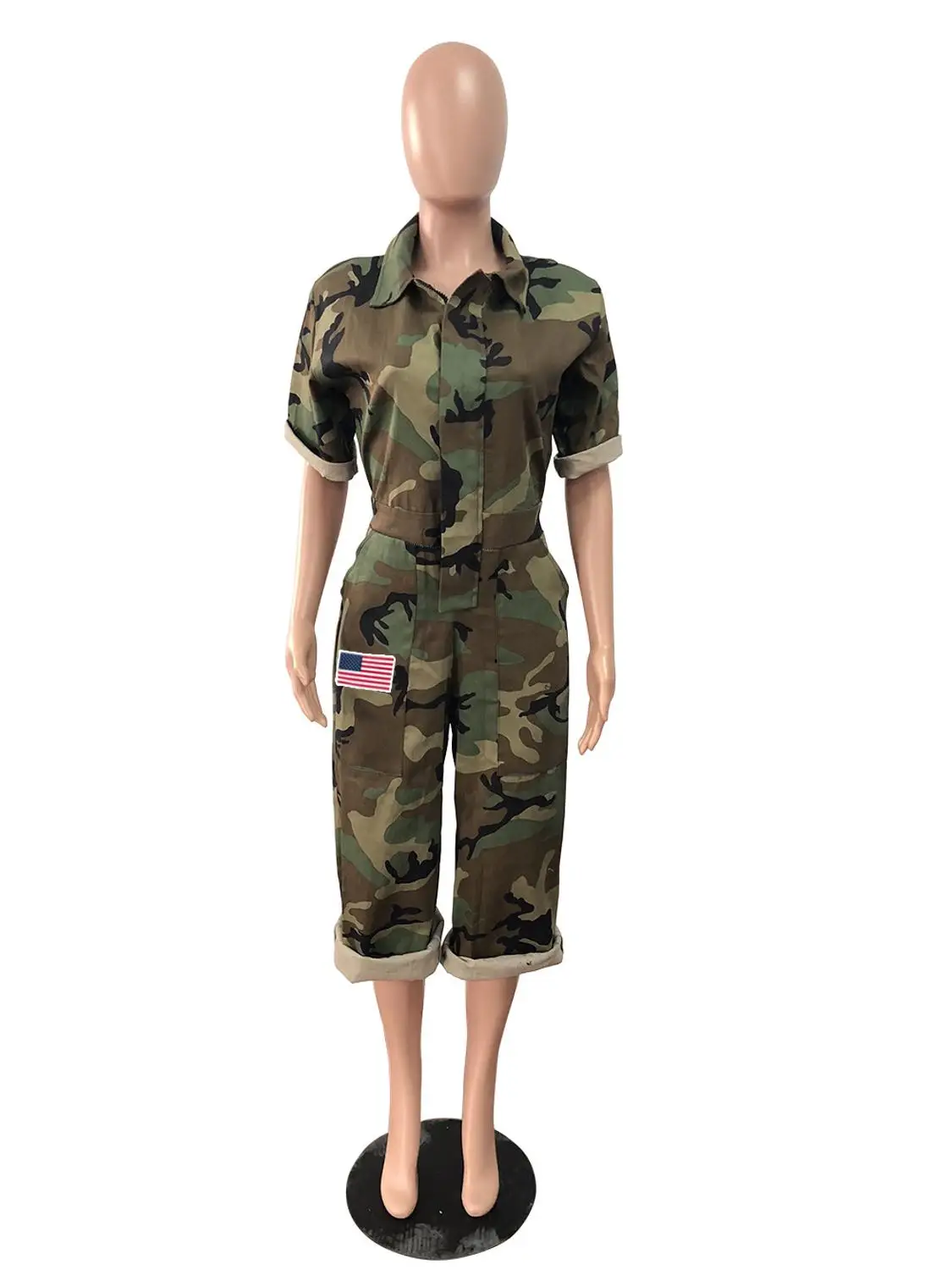 Hot Sale Women 2019 Casual Design Camouflage Women Calf-Length Jumpsuits Short Sleeve Pockets Zipper Cool Thick Romper