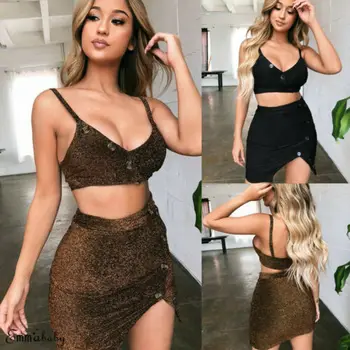 

2019 New Fashion Lady Women Sexy Two-Piece Bodycon Crop Top Skirt Club Party Bandage Short Mini Dress