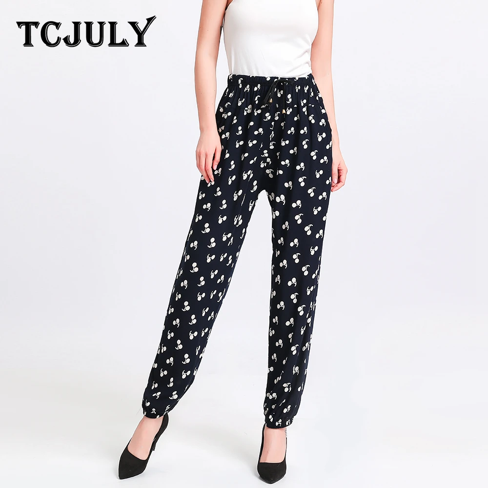 

TCJULY Fashion 2019 Summer Rayon Harem Pants Joggers Women Drawstring Loose Casual Ladies Trousers Pockets Printed Palazzo Pants