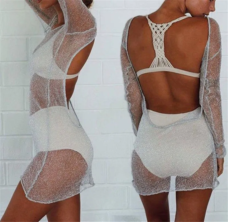 

Summer Fashion Sexy Women Ladies Hollow Out Backless Sequins Cover Ups Party Dress Cocktail Casual Beachwear Swimwear