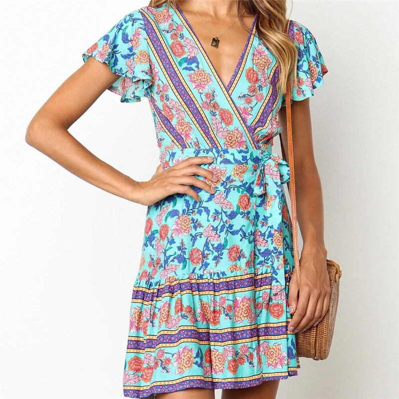 Women Floral Dress Sexy Boho Beach Women Mini Dress Sundress Ladies Dresses Evening Party Clothes Clubwear Sexy Womens Dresses