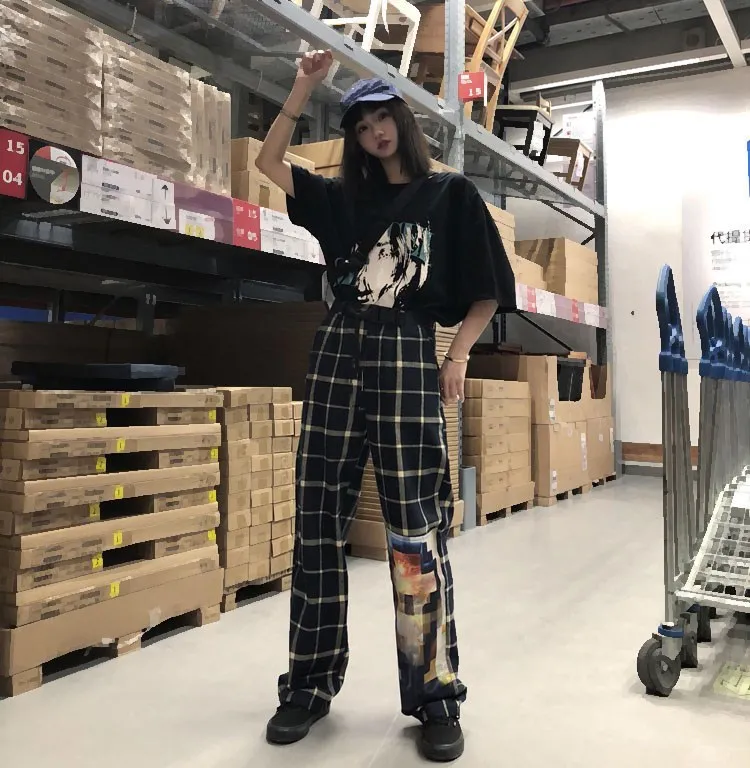 Women Plaid Patchwork Wide Leg Pants Causal Harajuku Hip Pop Print Pants Loose High Waist Straight Pants Trousers Streetwear Women Plaid Patchwork Wide Leg Pants Causal Harajuku Hip Pop Print Pants Loose High Waist Straight Pants Trousers Streetwear