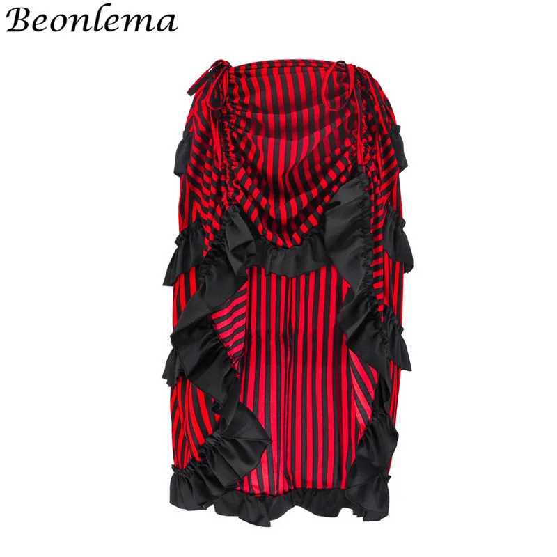 

Beonlema Steampunk Skirt Stripe Ruffles Women Long Skirts Punk Goth Sexy Streetwear Plus Size Elastic Waist Line Skirt S-2XL