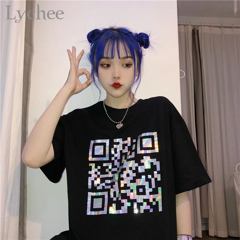 Lychee Harajuku qr код лазерные женские футболки Топы Футболки с круглым вырезом Лето