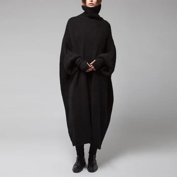 

[EWQ] 2020 New Spring Autumn Fashion Solid Turtleneck Black Thickening Loose Split Joint Big Size Knitting Sweater Women J997