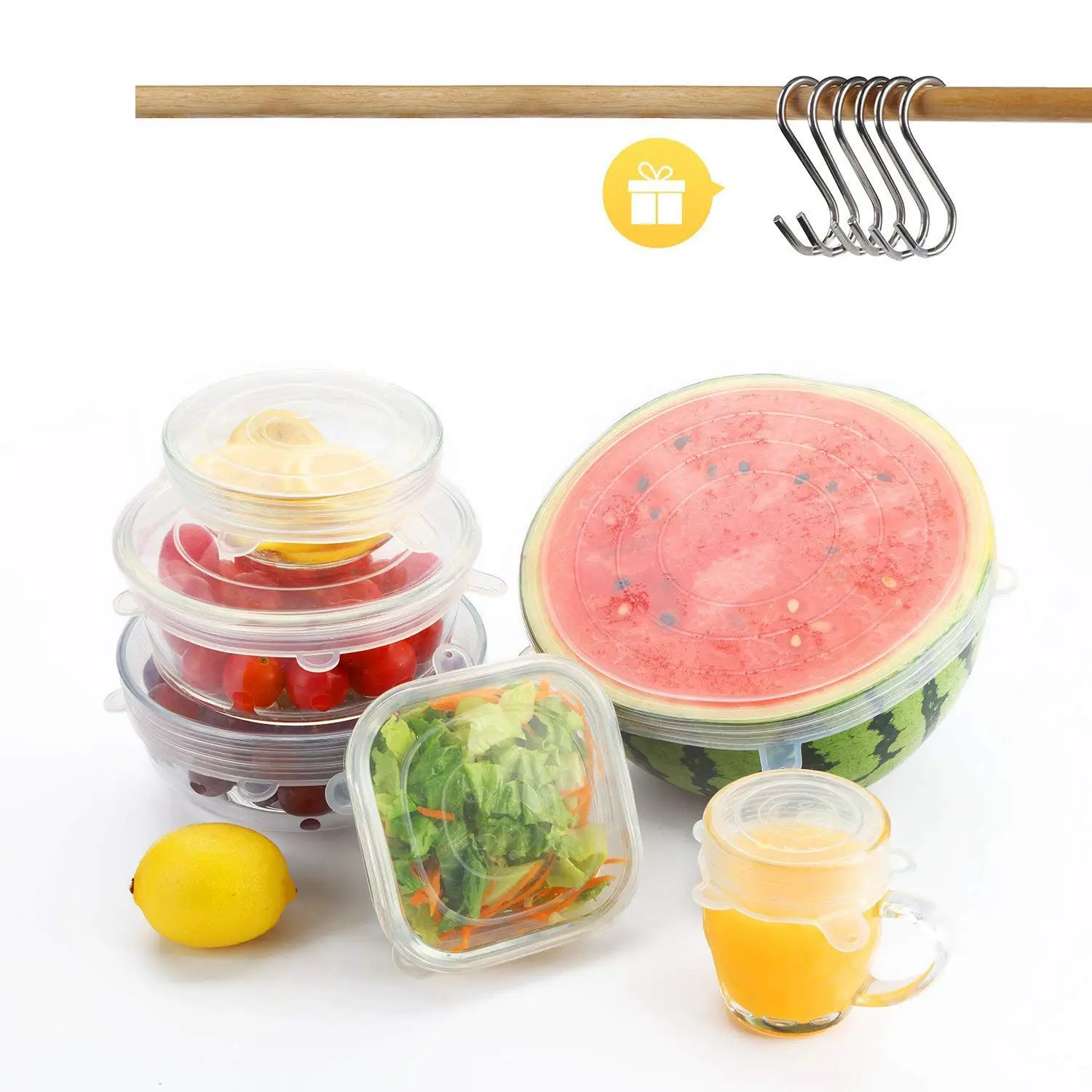 

Silicone Stretch Lids 6 Pcs Stretchable Reusable Food Covers with Six Sizes Suction Lids for Containers Plus 6 S-Shaped Kit