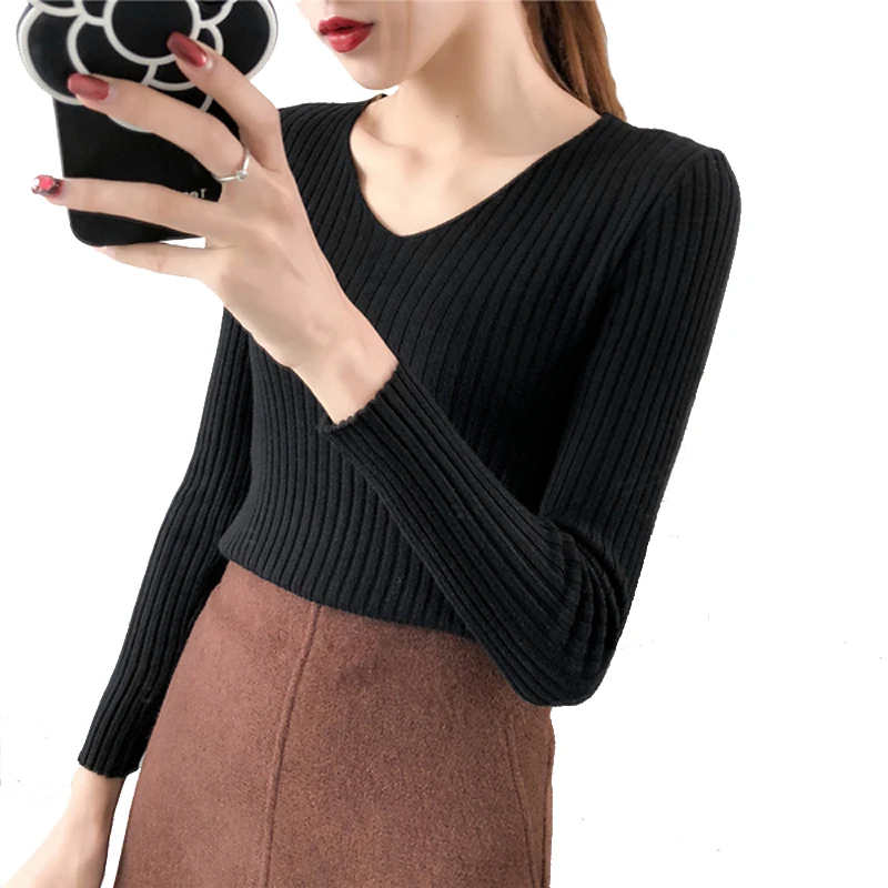 

Sweater Women Autumn and Winter Korean Fashion V-neck Long Sleeved Pullover Sweater Slim Warm Sweaters Female Jumper Woman Blusa