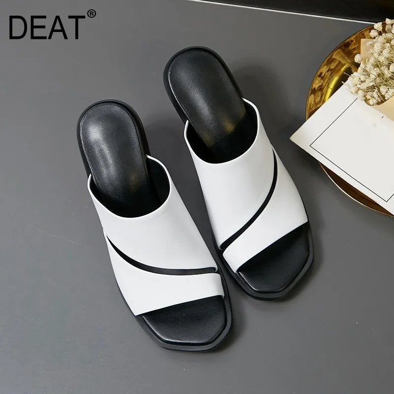 

[DEAT] 2019 New Spring Summer Square Toe Shallow Pu Leather Outside Strange High Heels Slippers Women 41 42 Size Fashion 10SJ897