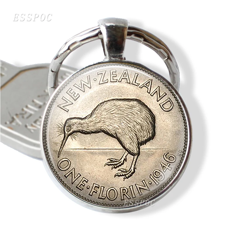 New Zealand Coin Image Key Chain,glass Literary Silver Plated Jewelry