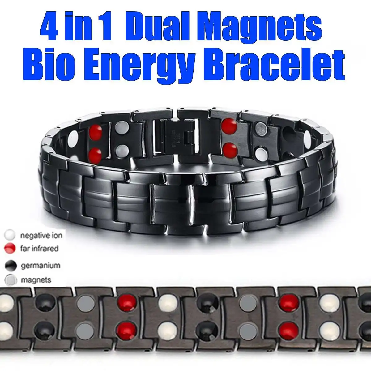 

22x1.5cm 4 in 1 Double Row Health Magnetic Energy Bracelet Black Stainless Steel Chain Link Bangle Men Women Relief Pain Magnet