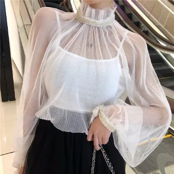 

Woman Perspective Gauze Horn Sleeve Pearl Lace T Shirt Women New Pattern