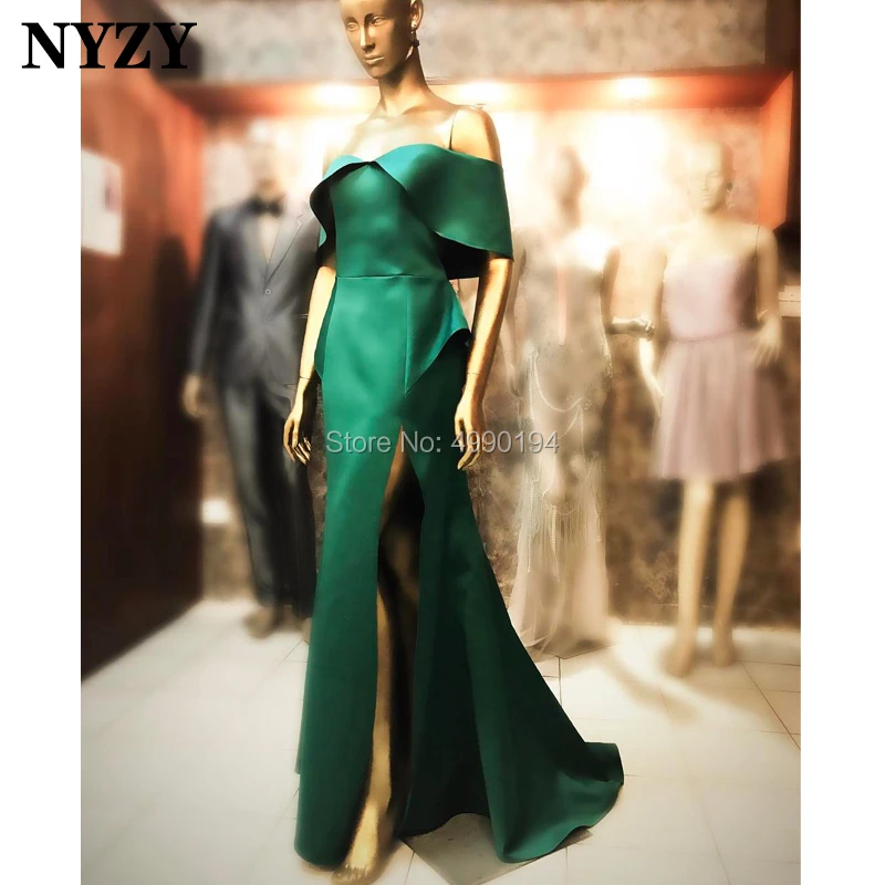 

NYZY E70 Satin Off Shoulder High Leg Cut Green Evening Dress 2019 Long Formal Dress Women Elegant vestidos de festa 2019
