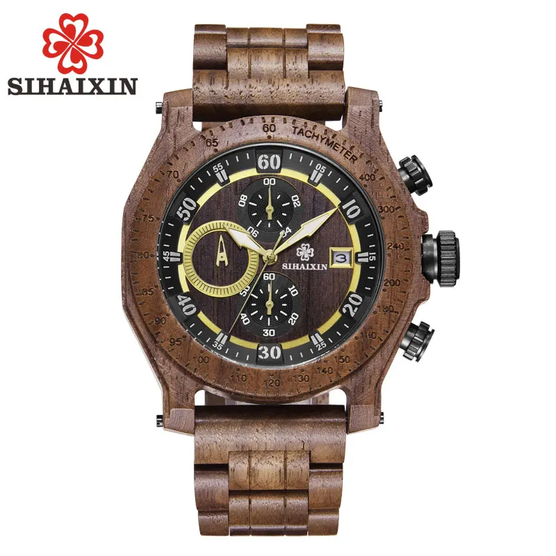 

SIHAIXIN Natural Wooden Watch Men Reloj Hombre Date Display Quartz Chronograph Military Man Clock Waterproof New Gift For Male