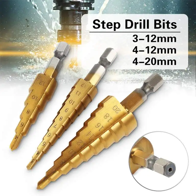 

3pcs HSS Titanium Coated Step Drill Bit for Metal 3-12mm 4-12mm 4-20mm High Speed Steel Wood Drilling Power Tools Dropshipping