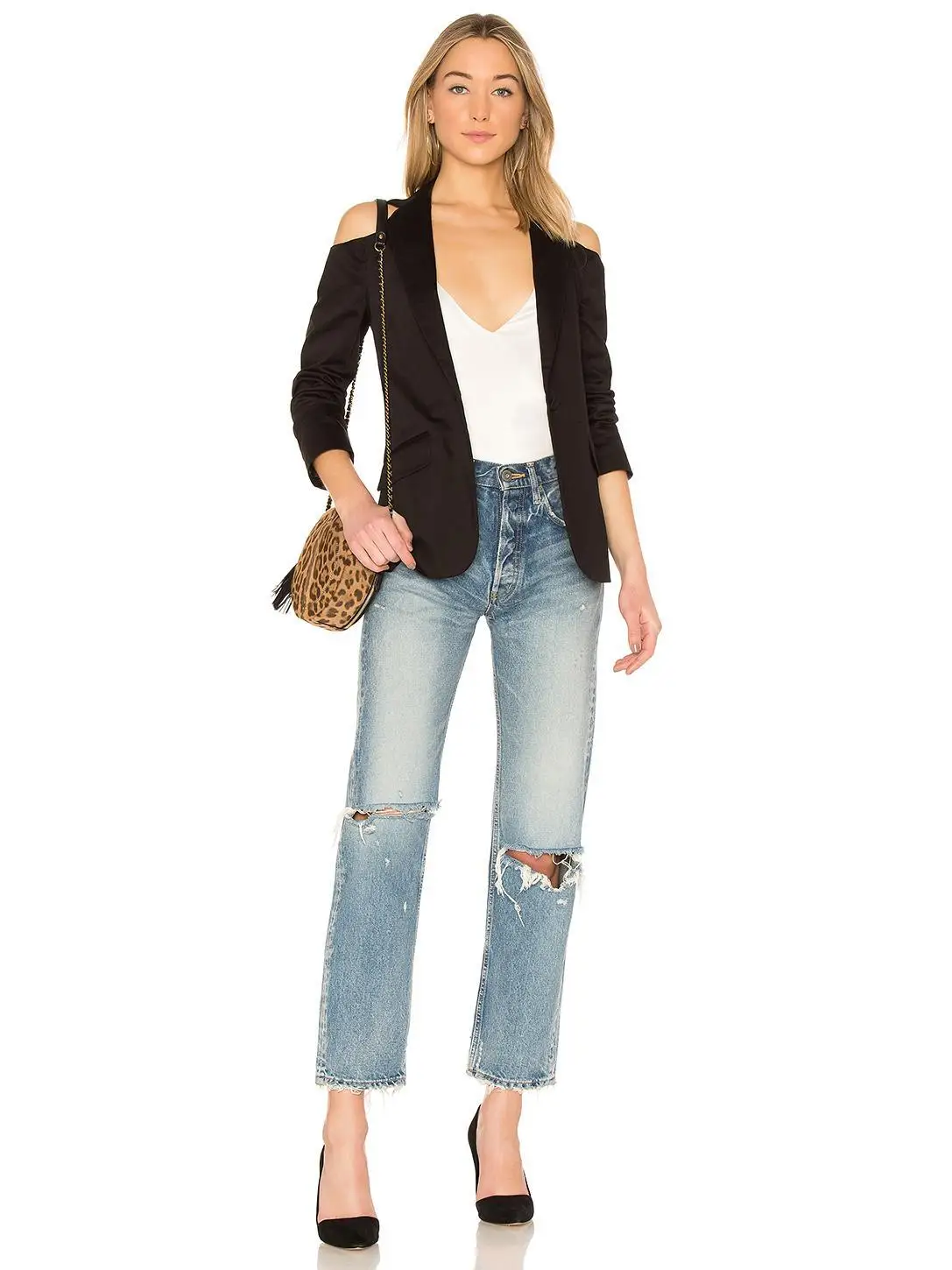 MINSUNDA Black Cold Shoulder Single Button Blazer Ladies Workwear Women Pocket Front Blazers And Jackets Notched Casual Outwear