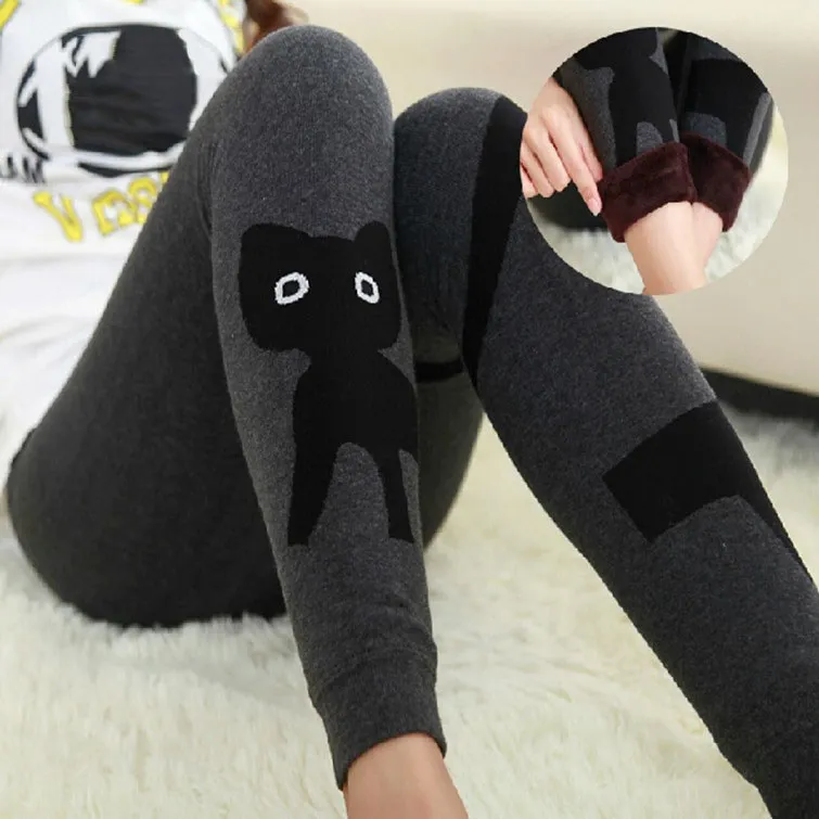 Женские черные брюки с принтом Kawaii Cat плотные флокированные повседневные женские