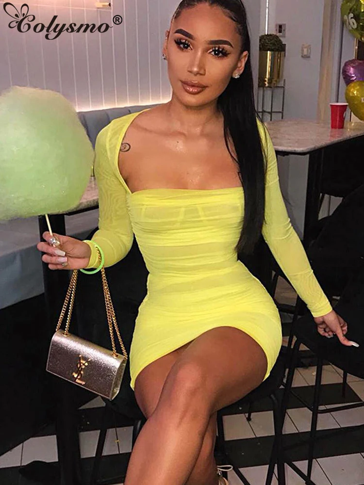 

Colysmo Summer Ruched Bodycon Dress Women Neon Green Elastic Mesh Long Sleeve Party Dress Pink Pleated Perspective Sexy Dress