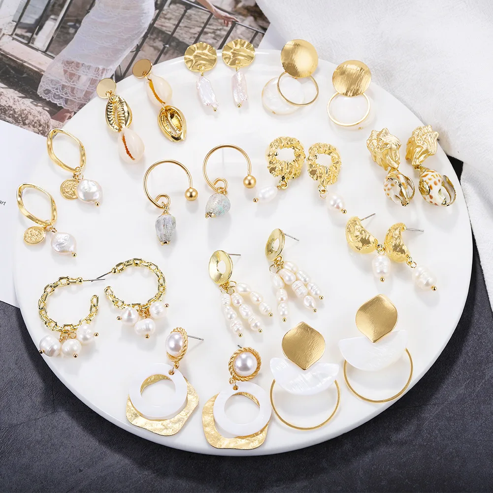 

Baroque Freshwater Pearl Earrings For Women Natural Sea Shell Dangle Drop Earrings New Gold Color Big Statement Fashion Jewelry
