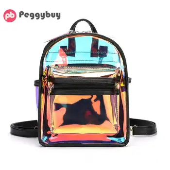 

New Fashion Clear See Through PVC Mini Backpack Women Teenager School Book Bag Laser Jelly Transparent Mini Travel Bags mochila