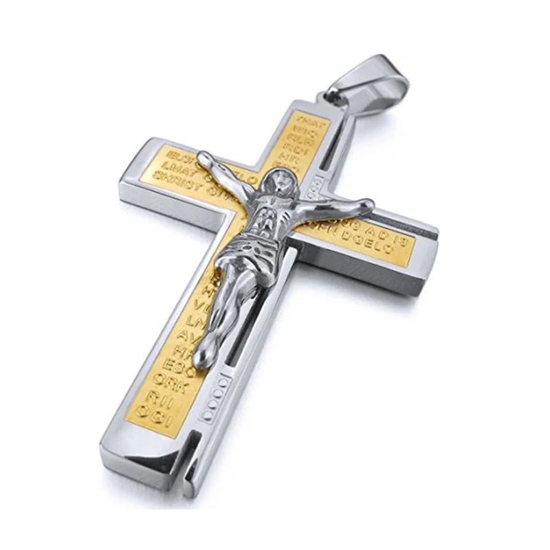 

Stainless Steel Pendant Necklace Silver Jesus Crucifix Cross Bible Lords Prayer Men ,23 inch Chain