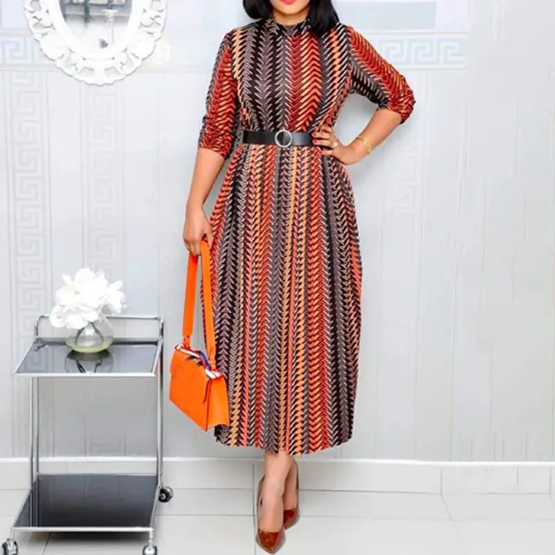 

Women Elegant Maxi Dress Summer Party Casual Print A Line Robe Vintage Belt African Ladies Stripe Fashion Big Swing Long Dresses