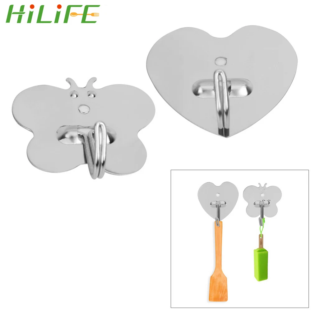 HILIFE Kitchen Bathroom Strong Adhesive Hook Door Sticky Hanger Holder Wall Hook Heart/Butterfly Shape Wall Mounted