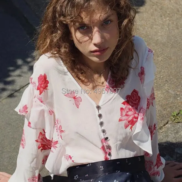 

High Quality 100% Silk Rhinestone Buttoned V Neckline Ruffled Shirt Top - 2019 Spring Summer Ladies High Quality Blouse Shirt