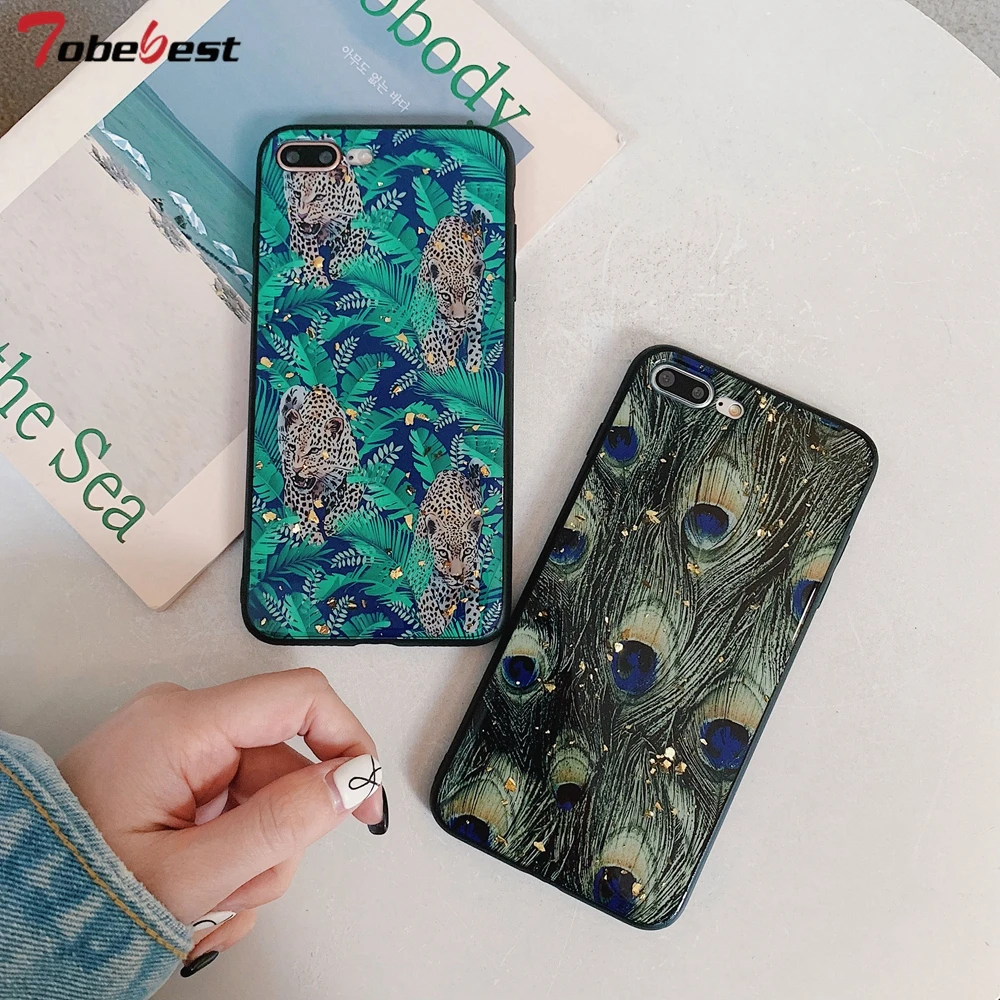 

Luxury Gold Foil Phone Case For iPhone 8 7 6 6s Plus Case For iPhone X XS Max XR Soft TPU Silicone Peacock Leopard Glitter Cover
