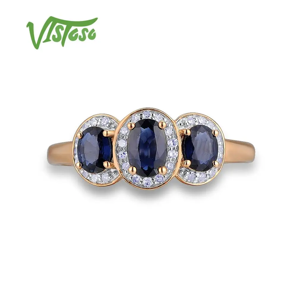 VISTOSO золотые кольца для женщин Подлинная 14K 585 розовое золото кольцо сверкающие алмазы, синий сапфир помолвка юбилей ювелирные изделия