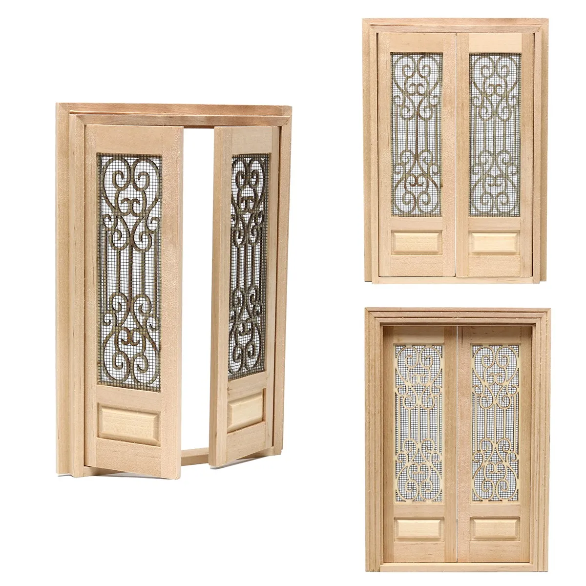 

1/12 Dollhouse Miniature Wood External Hollow Screen Double Door Unpainted Furniture Toy for Dolls House Room Box Accessory