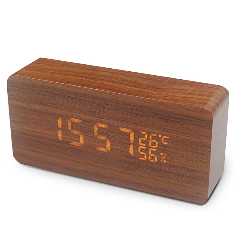 

2019 Mini Creative Wood Electronic Alarm Clock Temperature Humidity Desktop Living Room Multifunction LED Display Desk battery