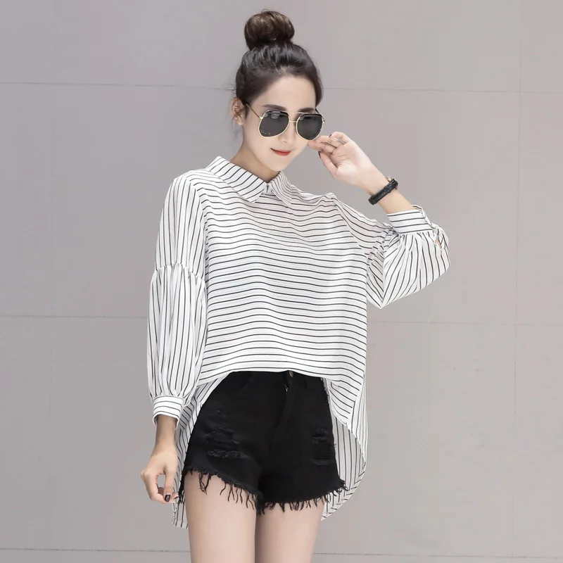 

Women's shirt 2019 summer new loose large size was thin striped lantern sleeves temperament shirt free shipping
