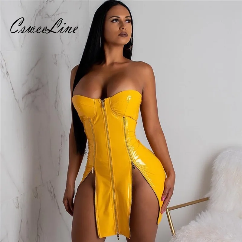 

4 Color PU Leather Side Slit Zipper Dress Women Off Shoulder Sexy Bodycon Dresses Party Club Strapless Short Mini Dress Vestidos