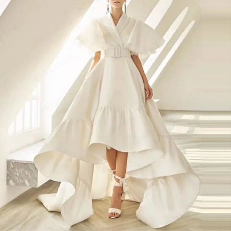 

Runway Vintage White Asymmetrical Dress Chic V-neck Ruffies Empire Midi Dress Sashes European Sexy Party Dress 2019 Summer