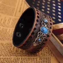 Коричневый эксклюзивный ретро синий камень цветок Декор Широкий коровьей мужской обёрточная бумага кожаный браслет манжета браслет