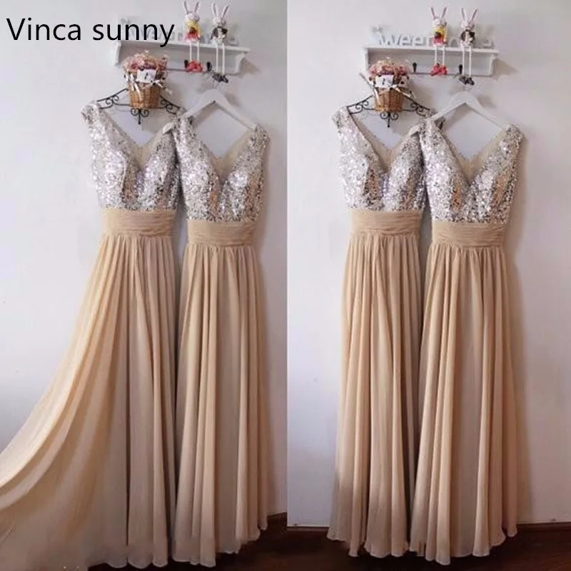 

2019 A line V neck Sleeveless Sexy Sequin Silver Bridesmaid Dress Straps Floor Length Long Chiffon Bridesmaid Dresses