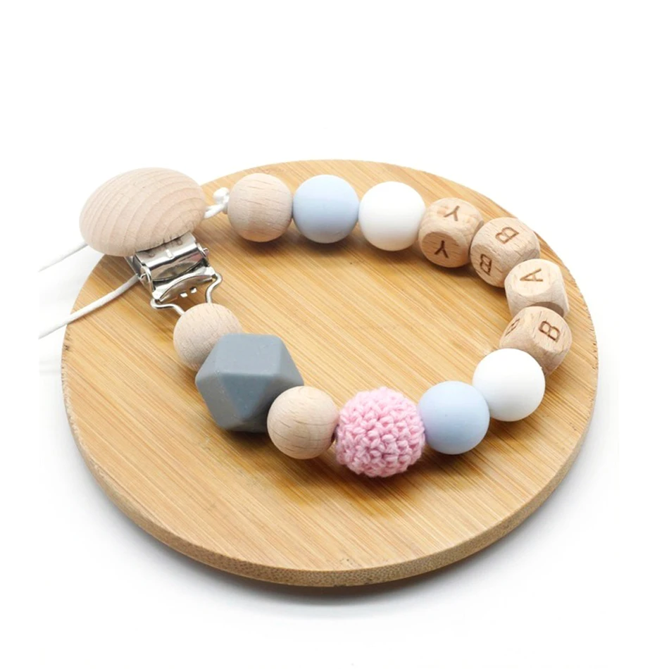 

Personalized Name Silicone & Wood Pacifier Clip with Engraved Wood Letter, Soother Clips, Baby Shower Gifts, Attache Sucette