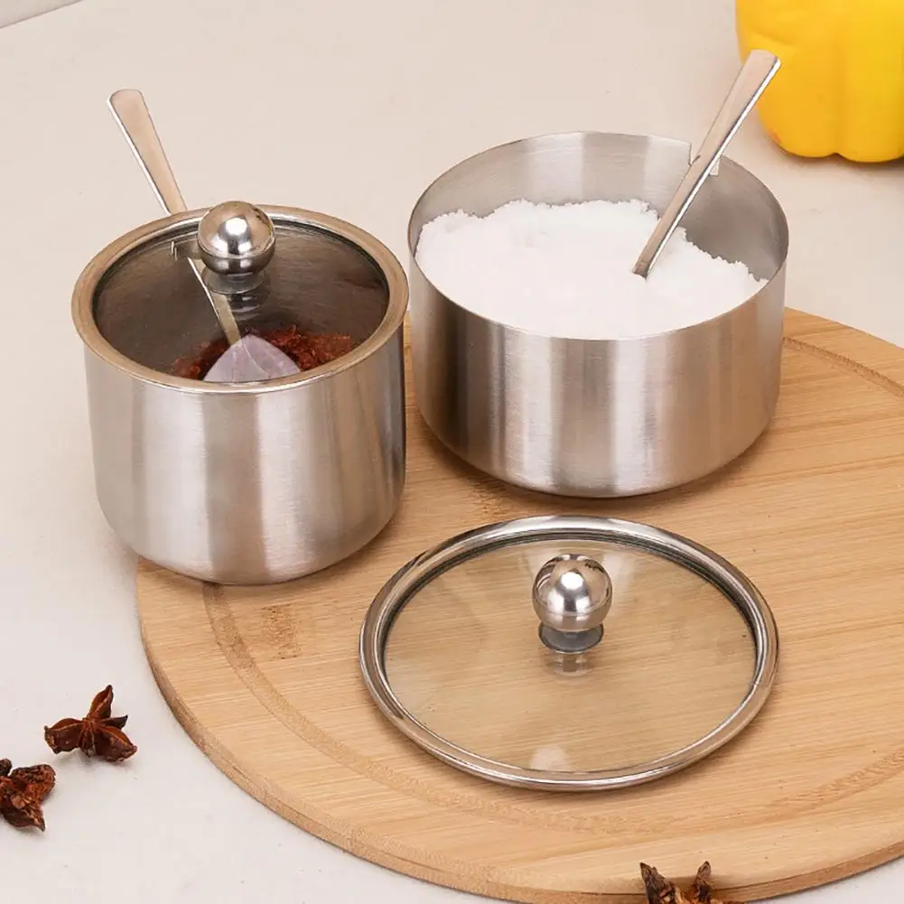 Seasoning Jar Bowl Kitchen Condiments Pot Spice Container with Lid and Spoon on