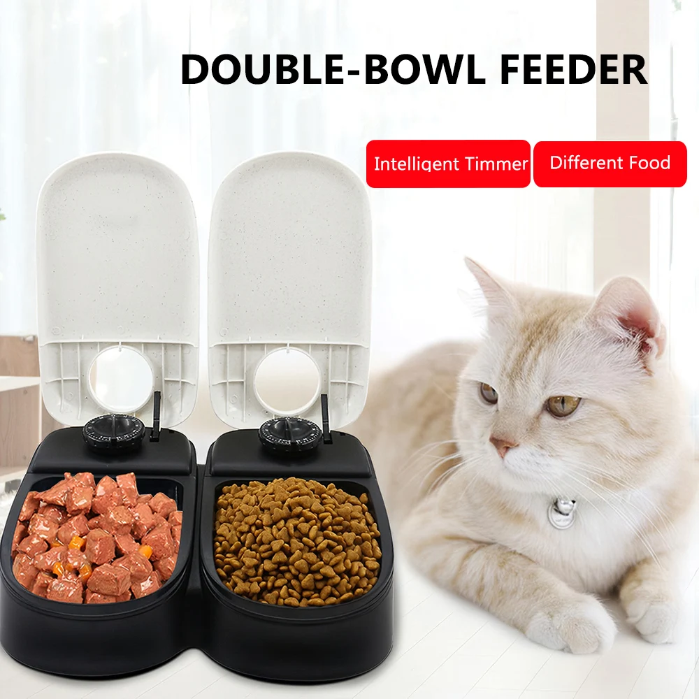 

Automatic Pet Feeder Timing Dog Cat Feeder Two Meals Double Bowl Pet Dry Food Dispenser Dish Bowl Feed Bowl 48 Hours Timer