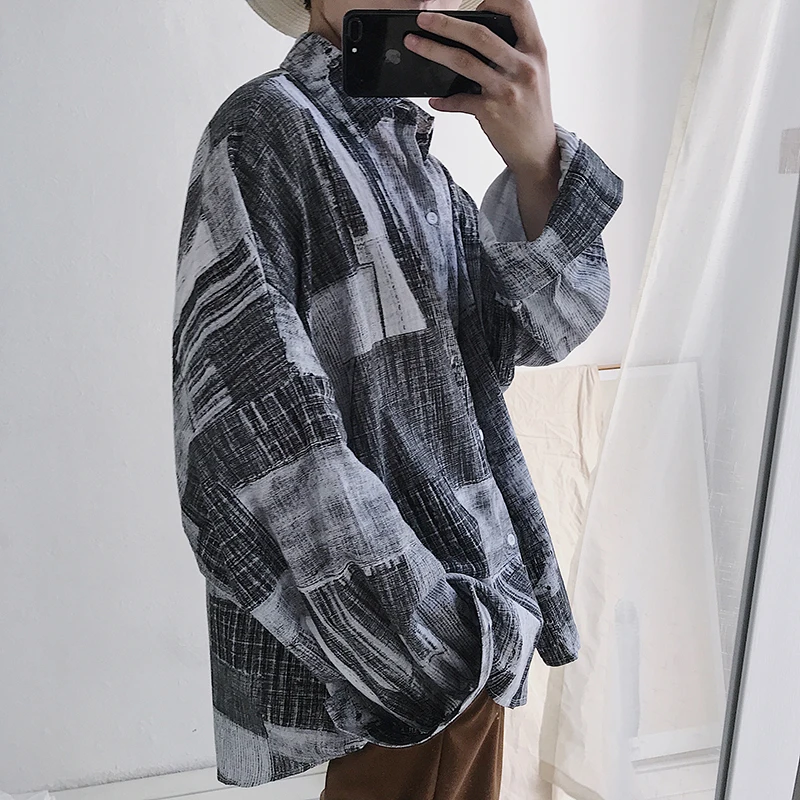 

Men's shirt 2019 summer new slim abstract long sleeve shirt bract sleeve shirt loose casual personality young men's wear