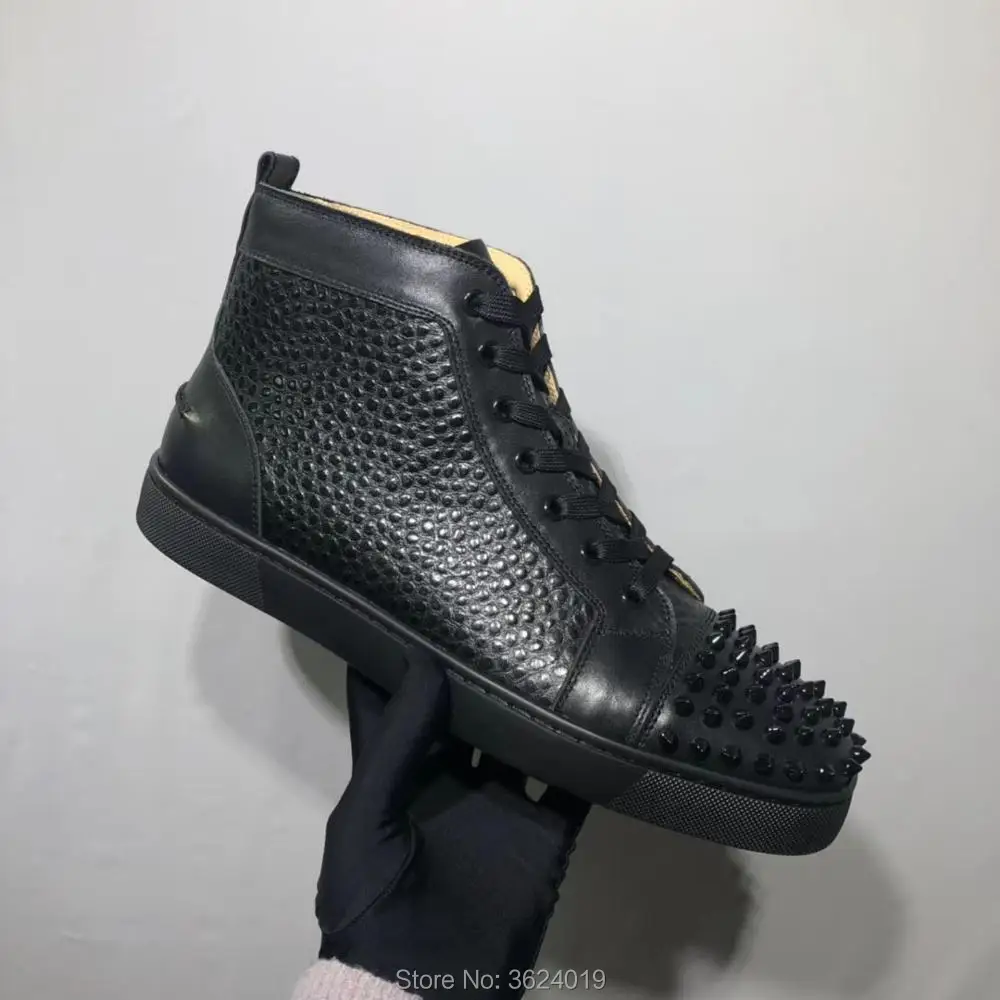 

High-Top cl andgz Cow leather Snake Python Black Rivets Round Toe Lace-Up Red bottoms For Man Shoes Sneakers casual Flat 2018