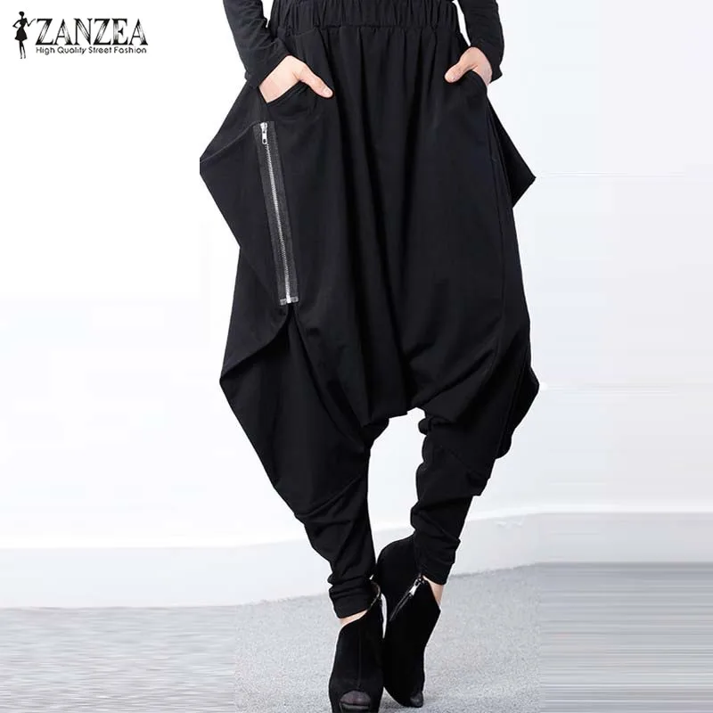 

Gothic Cargo Pants For Women Casual Black Baggy Harem Pants 2019 ZANZEA Female Zipper Pantalon Femme Vintage Trousers Oversized