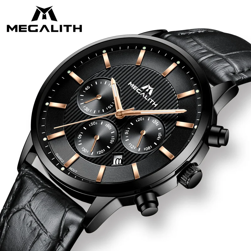 

MEGALITH Genuine Leather Watch Men Waterproof Casual Chronograph Wristwatch Fashion Luxury Business Quartz Men's Watches Clock