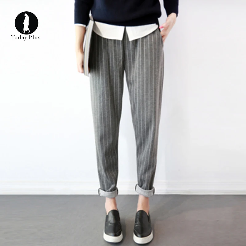 

Stripes Harem Pant Trousers Women Casual Loose Elastic Waist Pants Fashion Plus Size Female Black Grey Elegant Party Pants S-5XL