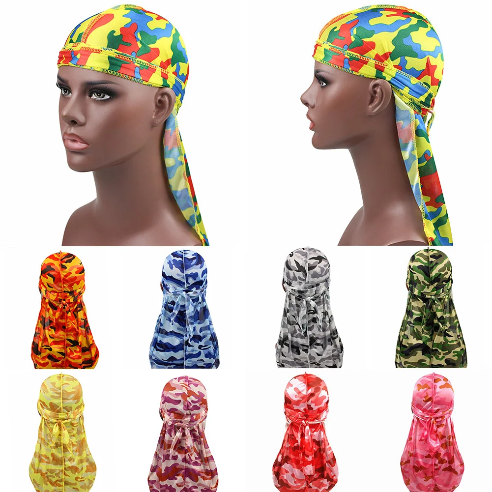 

Women Men Long Tail Bandanas Camo Silky Durags Turban Cap Head Cover Bandana Headband Hat Fashion Cool Fashion Headwear Bandanas