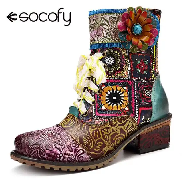 socofy bohemian sooo comfy genuine leather splicing jacquard lace up zipper big head flat boots
