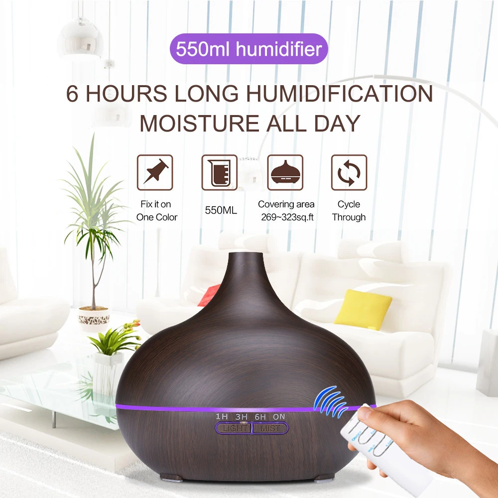 

550ml Ultrasonic Humidifier Oil Diffuser Air Aroma Humidifier Timing Function LED Light for Office Bedroom with Remote Control