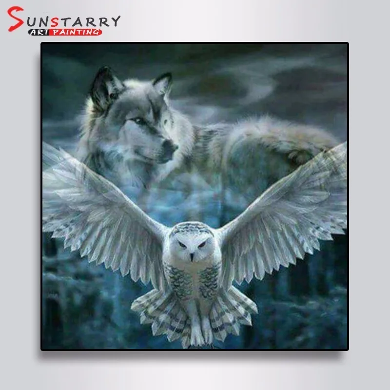 

Sunstarry 5D Full Round Drill Diamond Painting Cross Stitch Animal Diamond Embroidery Mosaic Snow Owl And Wolf Rated Home Decor