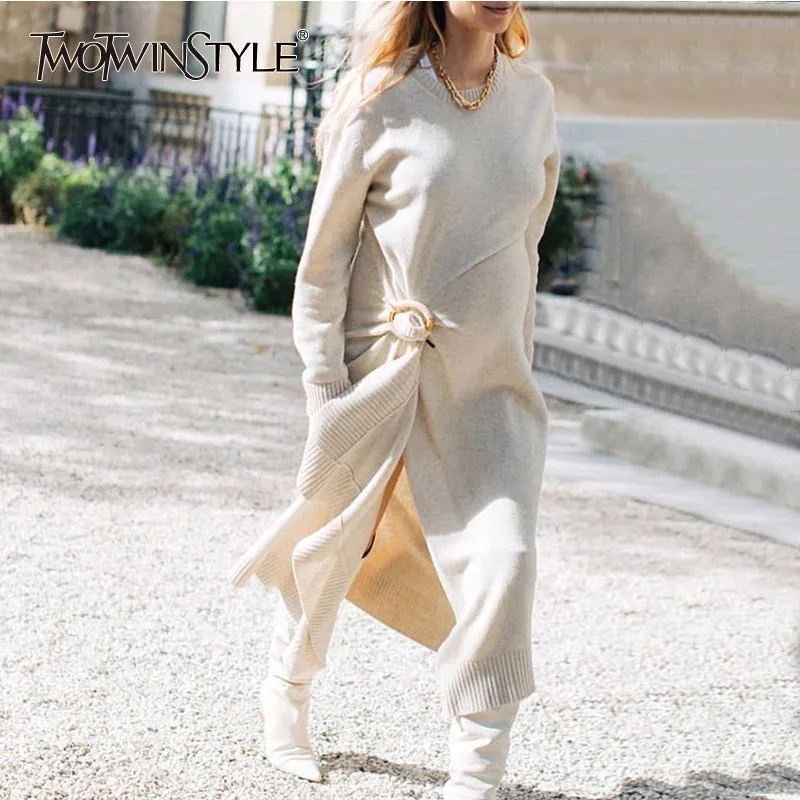 

TWOTWINSTYLE Knitting Wool Maxi Dress Female Long Sleeve Asymmetrical Hem Split Women's Dresses Autumn Casual Fashion 2019